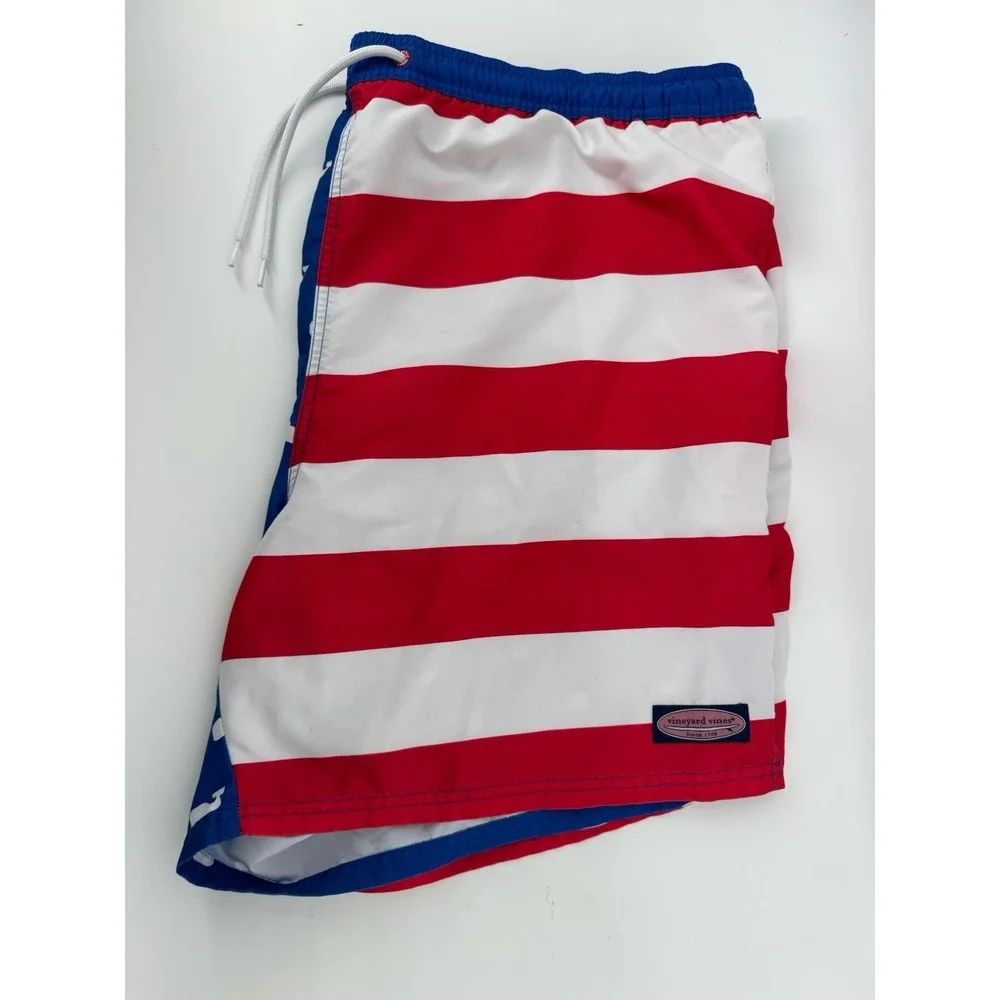 Vineyard Vines Men's Swim Shorts XXL USA Whale Striped Red White Blue Drawstring